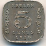 Ceylon, 5 cents, 1909–1910